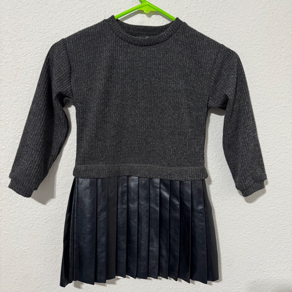 Zunie Kids Girls Ribbed Knit Faux Leather Pleated Dress Size 5 Charcoal Black
